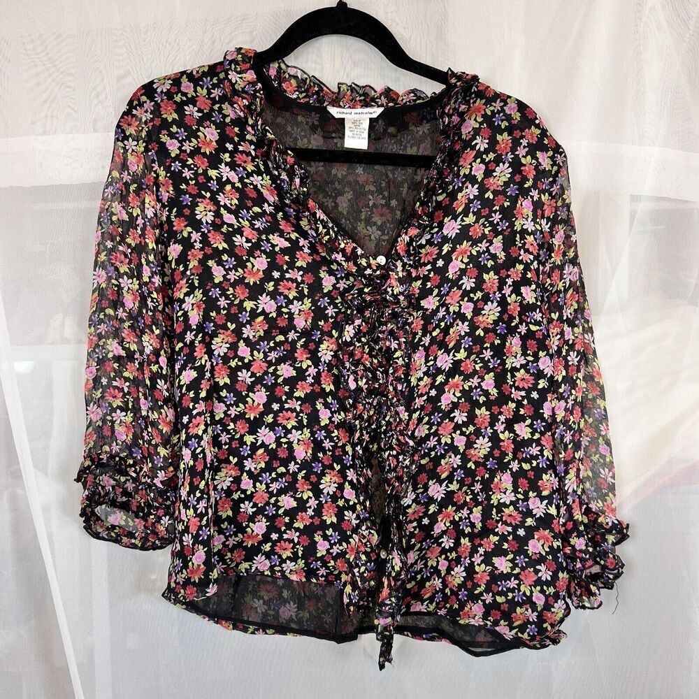 Vintage Richard Malcom 100% silk button down floral blouse Md whimsygoth boho